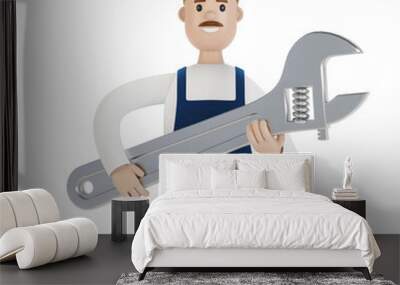 Craftsman with a large wrench. 3D illustration in cartoon style. Wall mural