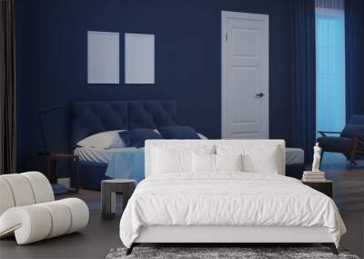 Modern house interior. Bedroom in blue tonnes. Night. Evening lighting. 3D rendering. Wall mural