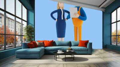 The builder with the customer are discussing the work plan. Acceptance of apartments. 3D illustration in cartoon style. Wall mural