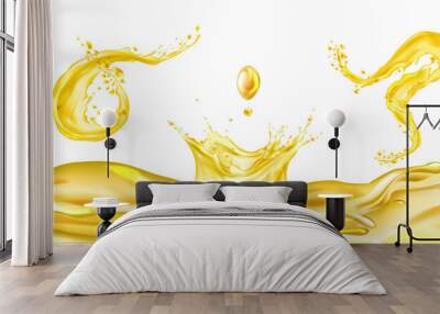 Oil splash set. Yellow river flow. Fuel drops. Gold liquid crown. Macro drip cream. Realistic splashes. Omega 3 6 9 vitamin. Vector illustration. Wall mural