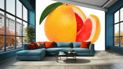 One ripe grapefruit with slice and leaf (isolated) Wall mural