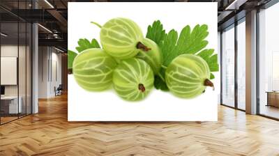 Pile of ripe green gooseberries with leaves (isolated) Wall mural