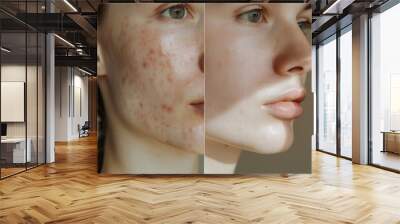 Acne treatment before and after, woman affected and healthy skin closeup, black dots, blackheads Wall mural