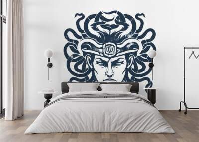 Ancient greek Gorgon Medusa, snake hair woman head logo symbol isolated on white background Wall mural