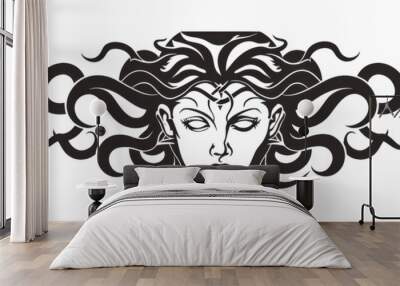 Ancient greek Gorgon Medusa, snake hair woman head logo symbol isolated on white background Wall mural