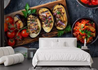 Appetizers Set with Baked Eggplants, Champignon Caps, Aubergine Rolls and Traditional Georgian Pkhali Wall mural