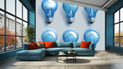 Blue light bulbs, lamp icon set, lightbulbs isolated, render style minimal light bulbs, creativity idea Wall mural