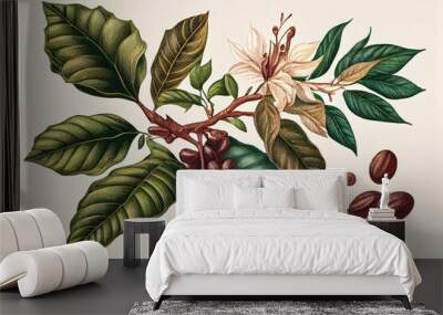 Coffee Plant Botanical Illustration, Coffee Branch with Fruits and Flowers, Abstract Generative AI Illustration Wall mural