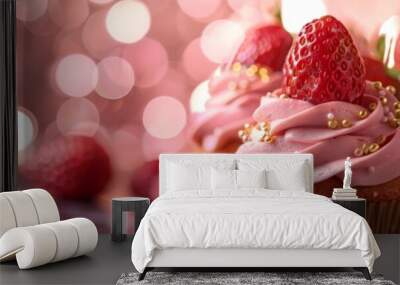 Cupcakes, Color Strawberries Cup Cake, Delicious Fruit Cupcakes on Blurred Bokeh Background Wall mural