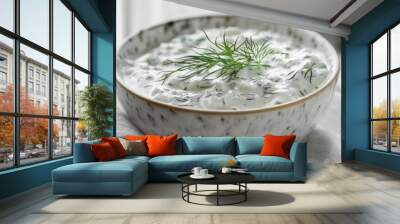 Dill sauce in bowl, tzatziki greek dip, tarator, cacik or tartar with lemon, dill dressing, mayo, yogurt cream Wall mural