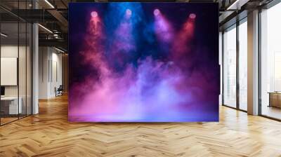 Empty dark stage, neon spotlights, smoke texture background, fog stage interior, showroom Wall mural