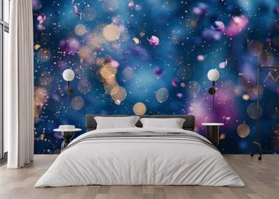 Flying particles and sprinkles background, exploding confetti, shiny shimmering carnival, glittering dust bokeh Wall mural