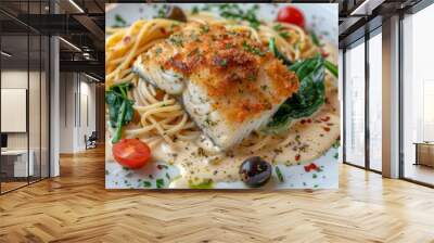 Fried Sea Cod Fillet with Spaghetti on White Restaurant Plate, Breaded Atlantic Codfish Filet Wall mural