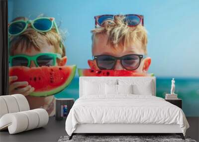 Happy children eat watermelon on beach, kids in sunglasses eating water melon fruit, family travel Wall mural