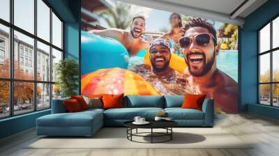 Happy Friends on an Inflatable Circle in Pool, Water Park Fun, Laughing Youth, Generative AI Illustration Wall mural