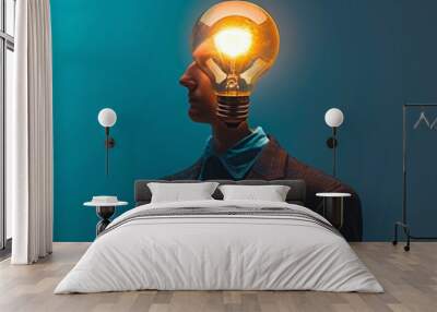 Having bulb instead if head, bright minded person, light bulb head, lamp body idea, strange funky guy Wall mural