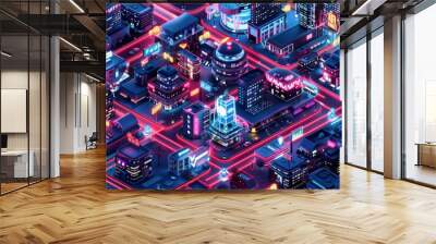 Neon buildings, futuristic 3d architecture, future cyberpunk landscape, neon city Wall mural