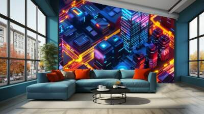 Neon buildings, futuristic 3d architecture, future cyberpunk landscape, neon city Wall mural