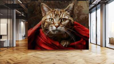 Noble Medieval Cat, Imitation of Van Dyck, Proud Cat in a Red Cloak, Generative AI Illustration Wall mural