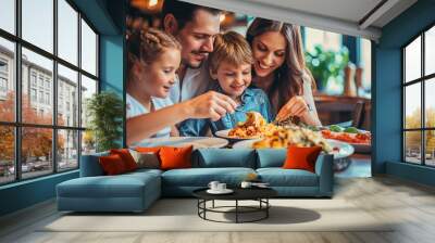 Pasta Dinner, Happy Italian Couple Eating Cannelloni Pasta with Ricotta, Minced Beef, Spinach in Restaurant Wall mural