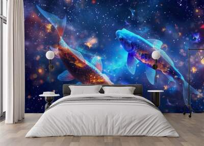 Pisces Zodiac Sign, Fish Horoscope Symbol, Two Magic Astrology Fishes, Pisces in Fantastic Night Sky Wall mural