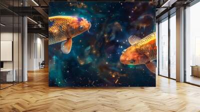 Pisces Zodiac Sign, Fish Horoscope Symbol, Two Magic Astrology Fishes, Pisces in Fantastic Night Sky Wall mural