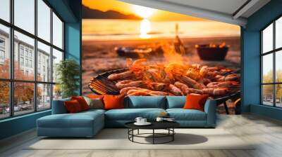 Prawns BBQ, Grilled Shrimps, Seafood Grill on Thailand Beach, Prawns on Open Fire, Barbecue Wall mural