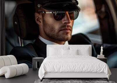 Professional driver, private chauffeur in luxury car, chauffeur service, man in uniform, auto rental Wall mural