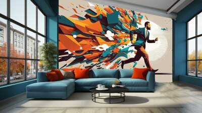 Running Businessman Drawing, Way to Success, Escaping, Busy Business Man Run, Abstract Generative AI Illustration Wall mural