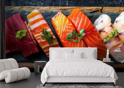 Sashimi, Fresh Seafood Dish, Smoked Salted Raw White Fish Fillet Slices, Red Fish, Toothfish, Salmon Wall mural