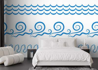 Sea Water Waves Vector Seamless Borders, Elements or Lines Wall mural