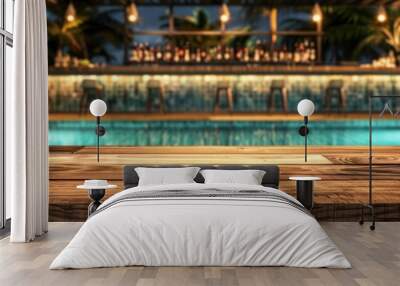 Table Pool Mockup, Wooden Background Space by Hotel Swimming Pool Bar, Copy Space Wall mural