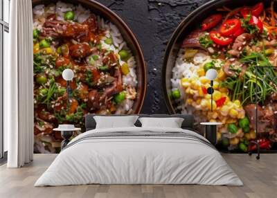 Turshu and Roast Meat, Lamb Pilaf with Dried Fruits, Rice and Herbs on Moss Background, Exquisite Serving Wall mural