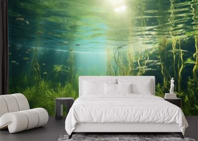 Underwater Grass, Long Seaweed in Dark River Water, Overgrown Stream with Algae, Grass Waving in Water Wall mural