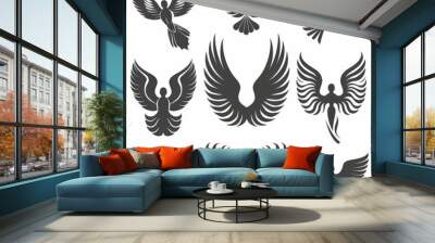 Wings flat icon, angel wings emblem, bird feathers minimal silhouette, pigeon sign, spirituality symbol Wall mural