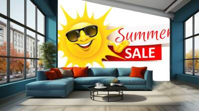 Happy Cartoon Sun with Sunglasses and Banner - Summer Sale Wall mural