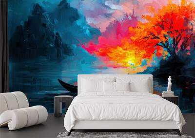 Abstract bright colors painting of boat on the water Wall mural