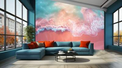 Pink sand beach, ocean waves with light blue and white colors, soft tones Wall mural