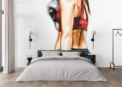 Illustration of Strong boxer woman posing in action. Powerfull female Wall mural