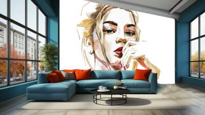 Modern Young blonde woman portrait hand drawn watercolor illustration Wall mural