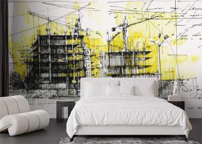 People near construction site hand drawn illustration Wall mural