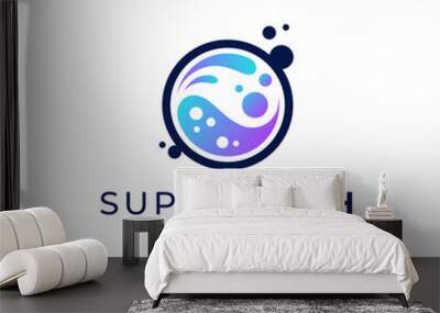 colorful and shiny water splashes and soap bubbles in washing machine for laundry logo Wall mural