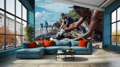 several environmentally friendly people cleaning trash from a beach for a cleaner world Wall mural