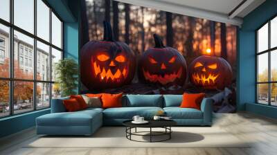 three pumpkins with a bad face and illuminated from the inside for Halloween and with a forest behind Wall mural