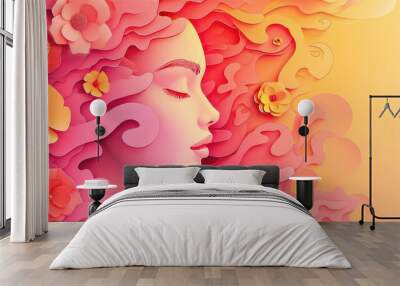 Artistic portrayal of woman's face and floral paper cut design for international women s day Wall mural