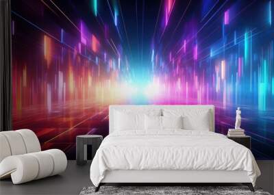 atmospheric neon square design, atmospheric design with 3d neon squares in space, colorful lights neon cubes on black Wall mural