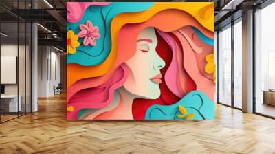 Fine paper cutout of woman's face and flowers for international women s day Wall mural