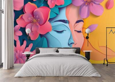 Vibrant paper cut illustration featuring woman's face and floral motifs for international women s day Wall mural