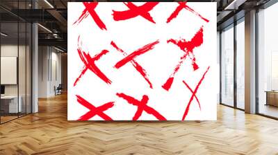 X red mark set in grunge style. Hand drawn crossed brush strokes. Crosshairs symbols in brush style with black ink splashes. Cross sign graphic symbol. Vector X mark set, grunge graphic collection
 Wall mural