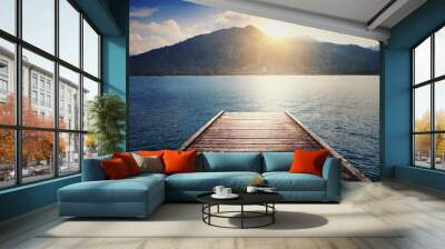 landscape with lake, moorage and hills Wall mural